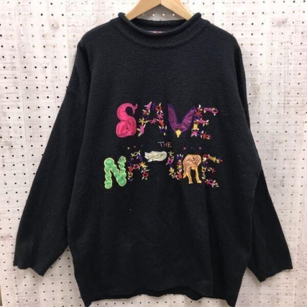 IMAGE レディース レトロ オールド カントリー フォークロア 古着 台湾製 刺繍 SAVE THE NATURE ボトルネック ニットセーター プルオーバー拍卖