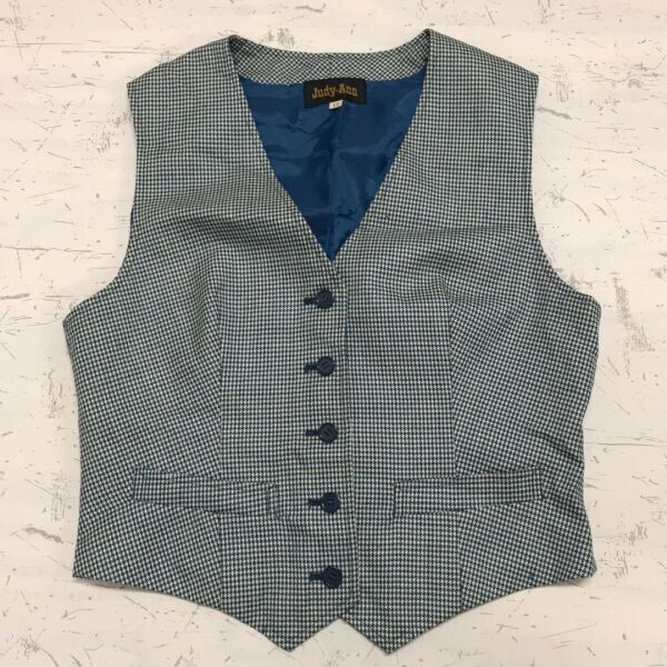 オールド レトロ ブティック 古着 JUDY-ANN 千鳥格子ハウンドトゥース ウール100% ベスト ジレ レディース 11号 白×青拍卖