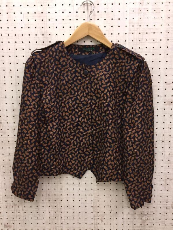 ALMOND EYE アーモンドアイ レディース オールド レトロ 古着 総柄ペイズリー ショート丈 ジャケット 羽織り 紺 大きめサイズ 13号拍卖