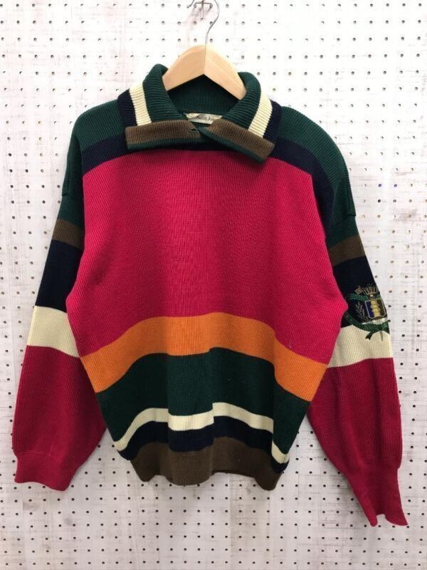 サンジョア Saint Joie オールド レトロ モード 配色切替 エンブレム刺繍 ネックボタン ニット シャツ セーター レディース M 肩パット有り拍卖
