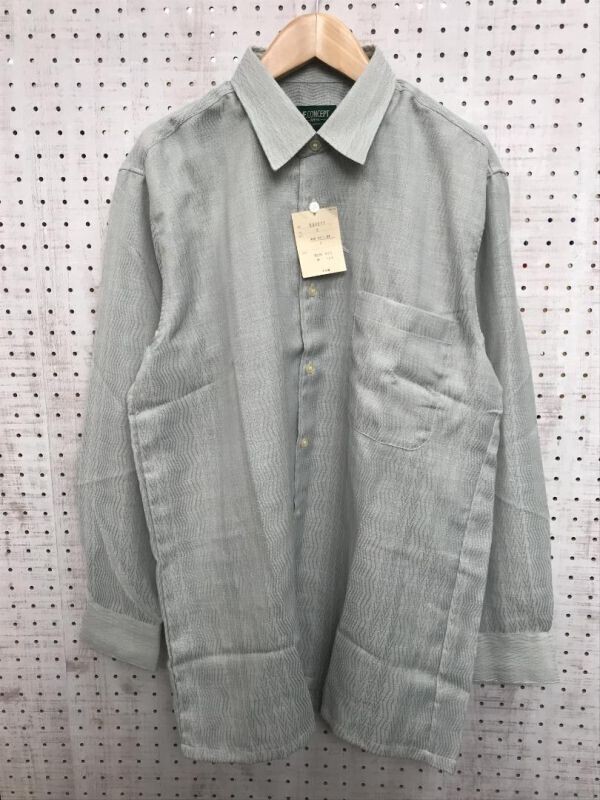 新品タグ付き F.CONCEPT by FRIENDLY メンズ オールド レトロ トラッド 総柄 麻×ポリエステル 長袖ドレスシャツ Lサイズ グレー拍卖