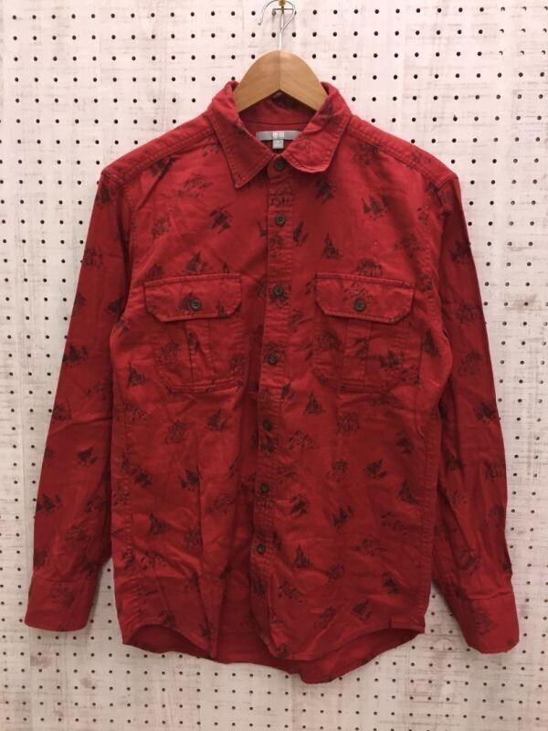 UNIQLO ユニクロ オーセンティック 山脈 山小屋 総柄 アウトドア キャンプ ハンティング 起毛 長袖シャツ 胸ポケット メンズ サイズM 赤拍卖