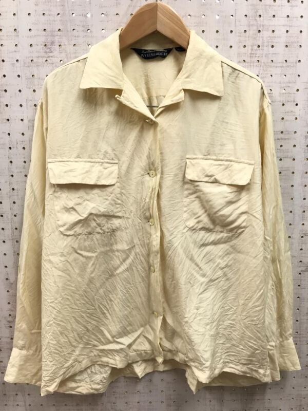 IVY LEAGUERS CLUB レトロ アメカジ トラッド シルク100% 開襟オープンカラー 長袖シャツ ブラウス レディース 黄色 ビッグシルエット拍卖