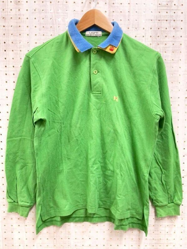 USPP ユーエスピーピー 日本製 レトロ オールド ブティック 古着 肉球 アニマル刺繍 鹿の子 長袖ポロシャツ レディース サイズM 緑拍卖