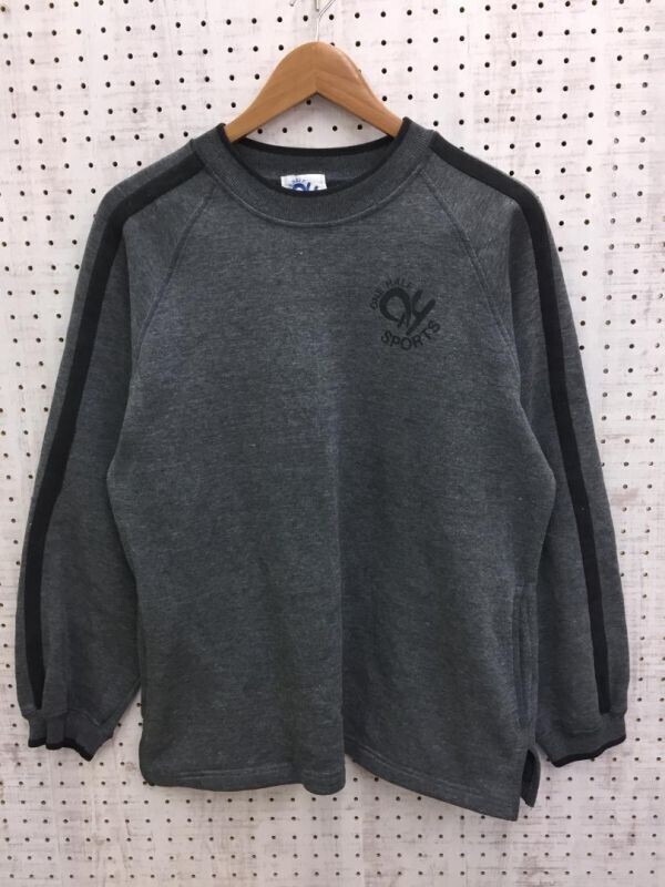 one half sports オールド レトロ スポーツ 古着 袖ライン ワンポイントプリント ラグランスリーブ スウェットトレーナー グレー Mサイズ拍卖