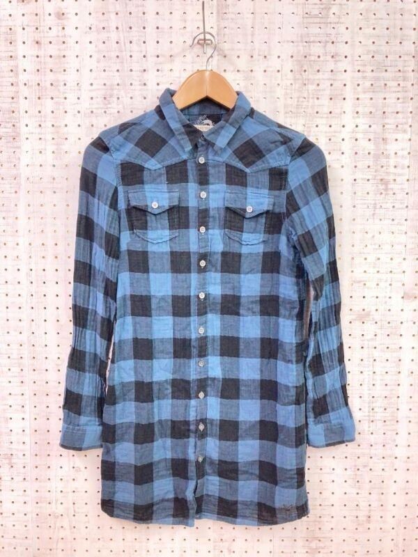 DIESEL ディーゼル アメカジ サーフ ブロックチェック ウエスタンヨーク ガーゼ素材 長袖 ロング丈 シャツ ワンピース レディース S 紺拍卖