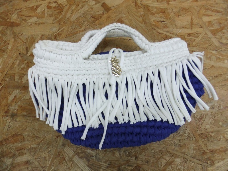 フリンジ パイナップルボタン マリン リゾート ズパゲッティ ハンドバッグ カバン 青 レディース 青/白拍卖