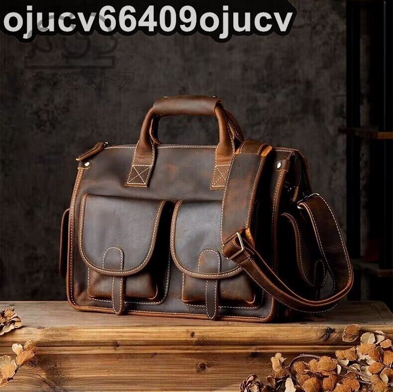 高級感◆オリジナルの狂馬牛皮の男性包頭層牛皮一肩斜めショルダーバッグ真皮郵便配達バッグハンドバッグ旅行バッグ拍卖