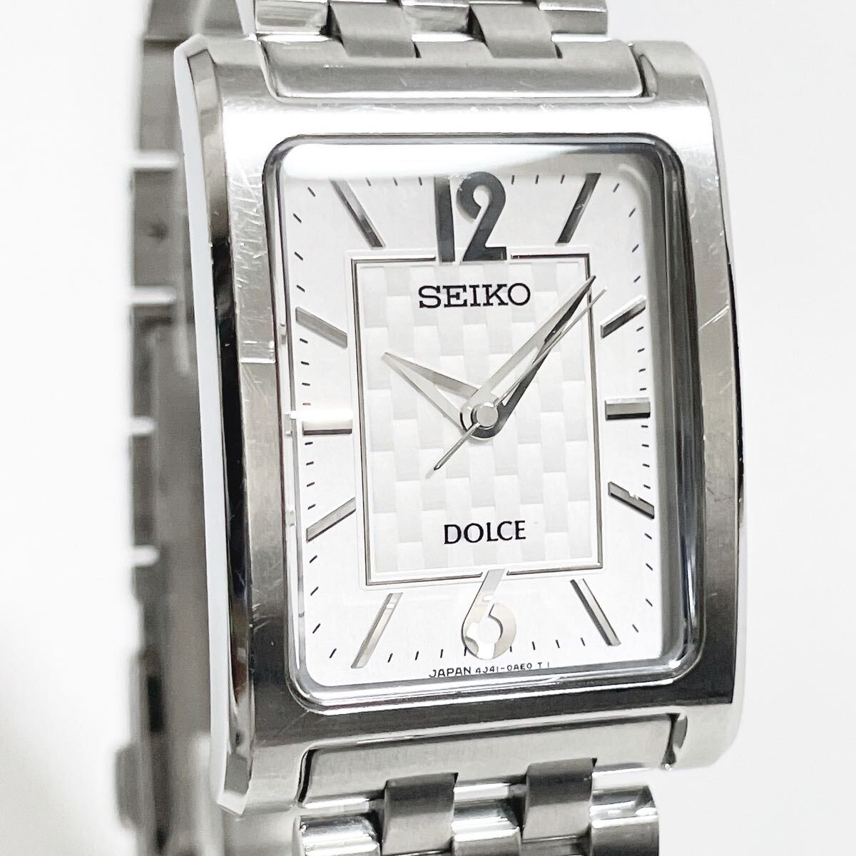 美品 稼働品 SEIKO セイコー DOLCE ドルチェ レクタンギュラー 4J41-0AC0 シルバー 白文字盤 スクエア QZ メンズ腕時計 純正ベルト拍卖