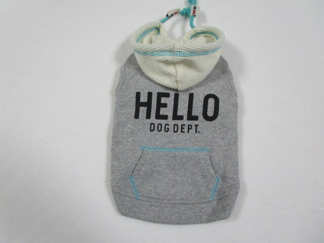 DOG DEPT ドッグデプト Sサイズ 胴回り39㎝ HELLO 裏起毛 重ね着風パーカー グレー・アイボリー 中古拍卖