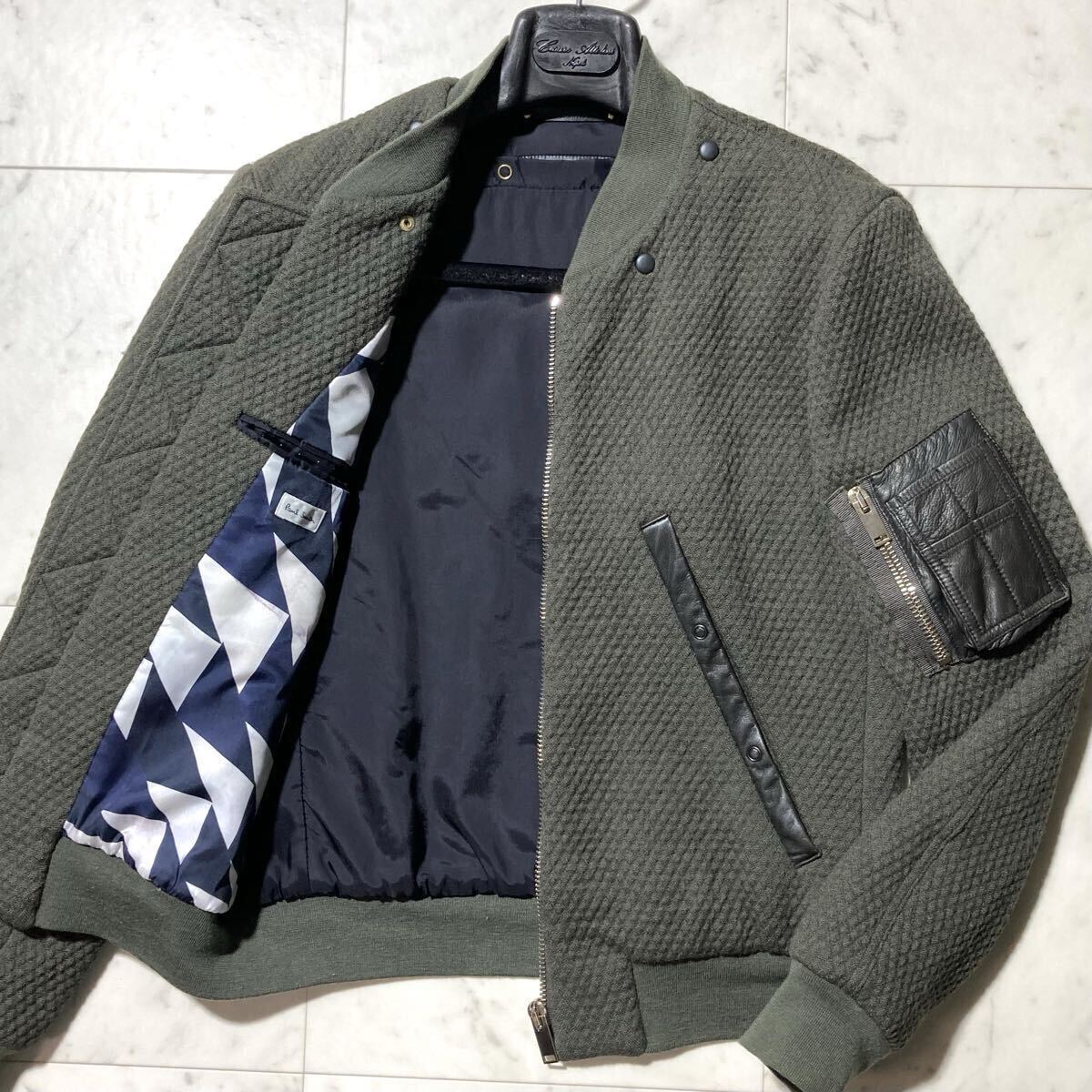 ポールスミス【圧倒的高級感!!!】PaulSmith エンボスウール ジャケット ブルゾン MA-1 裏地総柄 ラムレザー Mサイズ 黒 カーキ 深緑拍卖