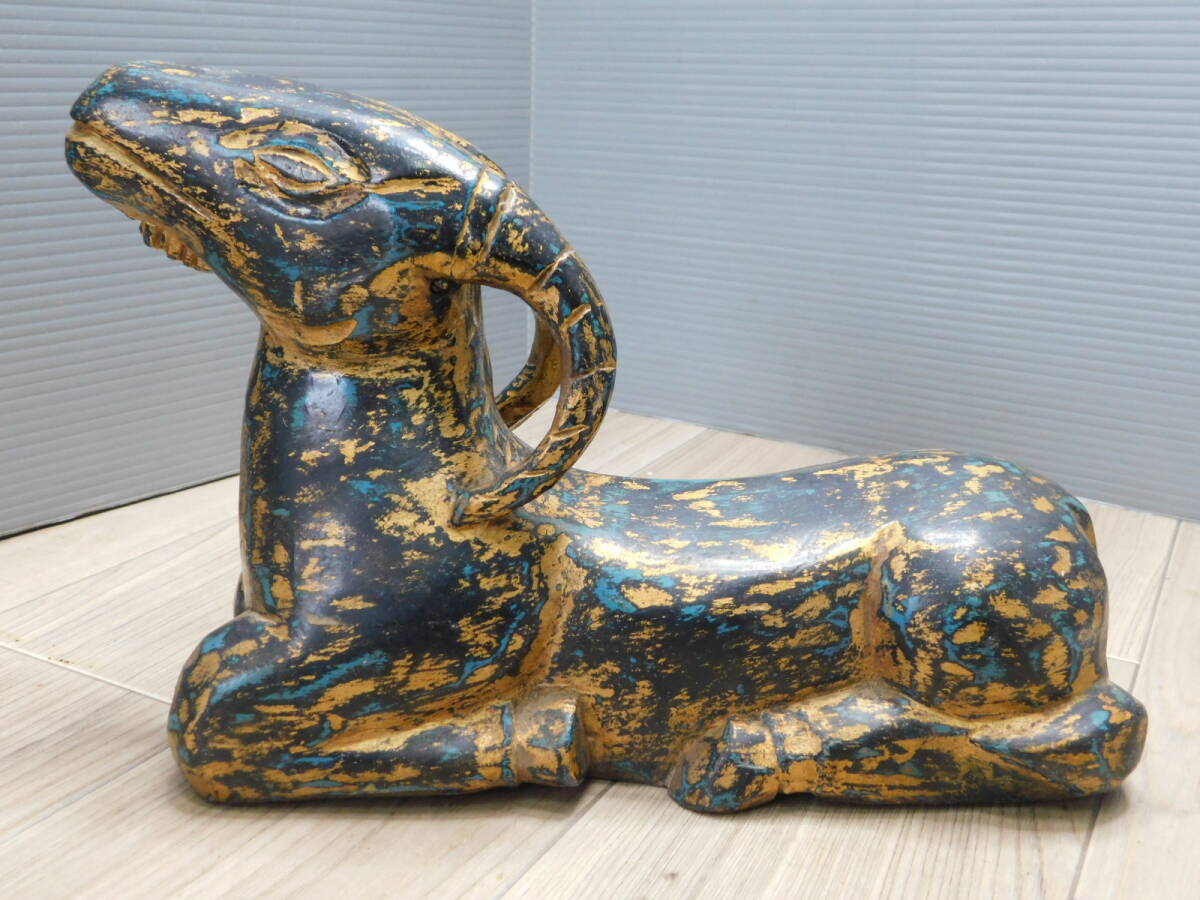 【リアルアンティーク】木彫 山羊 GOAT 金黒青 古美術品 オブジェ 置物/M409拍卖