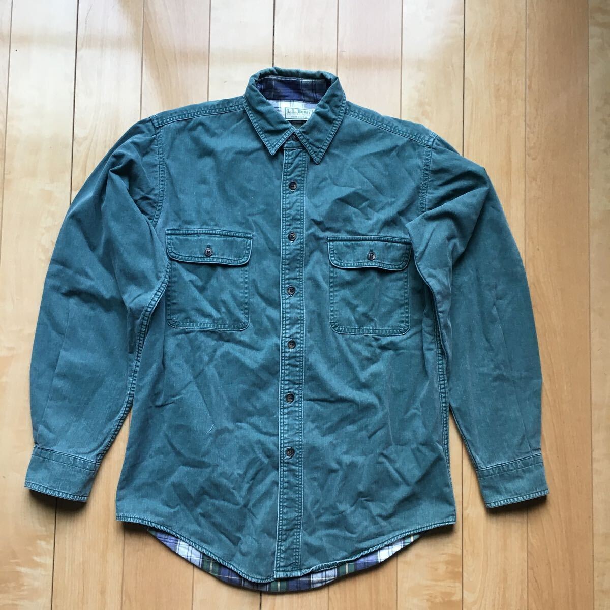 90年代 USA製 エルエルビーン ワークシャツ 584-1-436 メンズ グリーン キャンプ コテージ拍卖