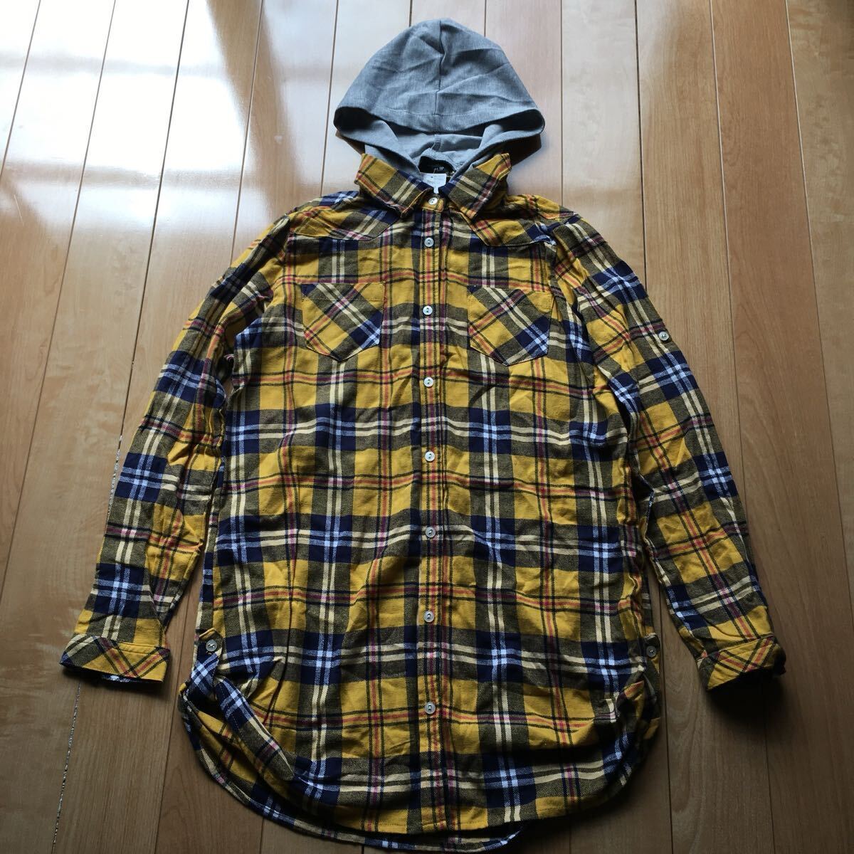 タグ付き アベイル フード付きチェックシャツ 198-1-13 レディース L イエロー タータンチェック拍卖