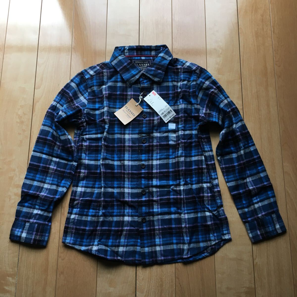 タグ付き ユニクロ フランネルチェックシャツ 207-1-26 ブルー 150cm拍卖