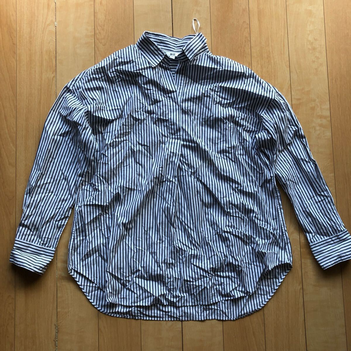 ユニクロ エクストラファインコットンストライプシャツ 237-1-27 レディース S グレー拍卖