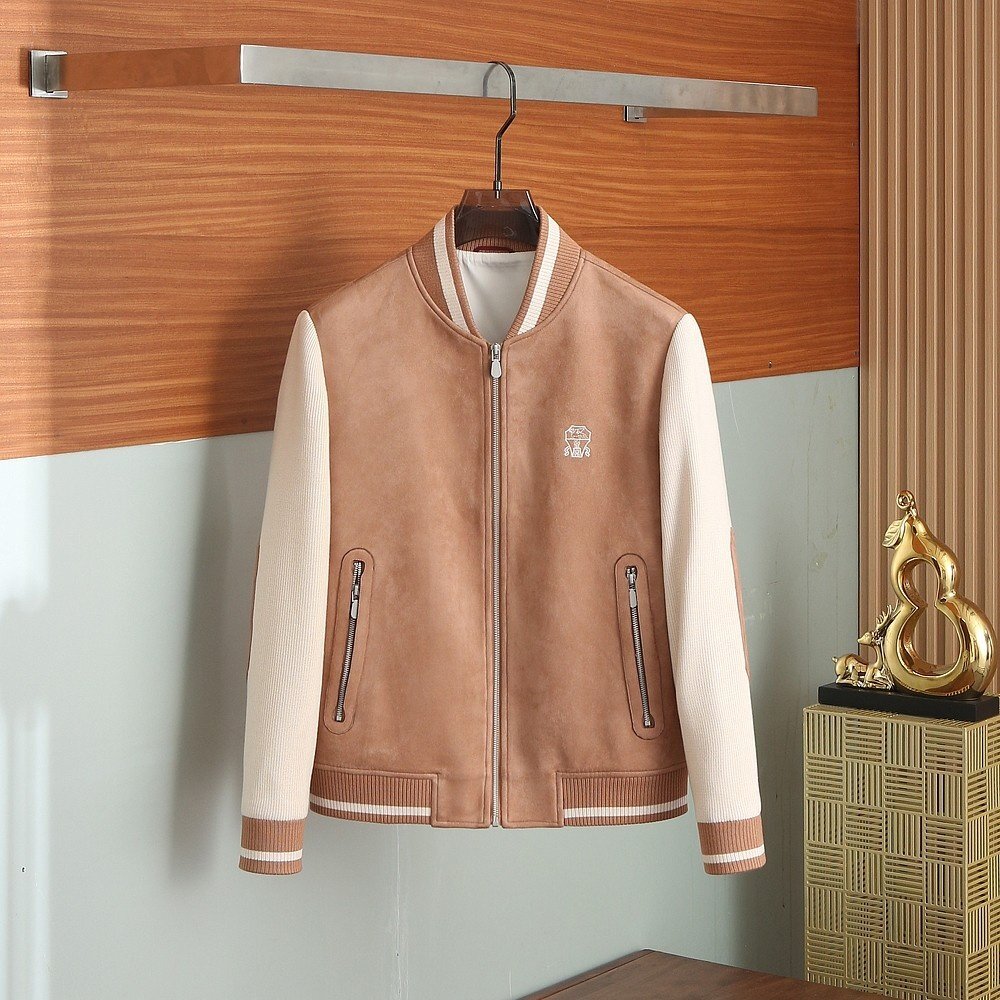 ベージュXXL★送料無料★ブルネロクチネリ★メンズ スエード ボンバージャケット, スポーツカジュアル,リブ編み切り替え, ジッパー付き拍卖