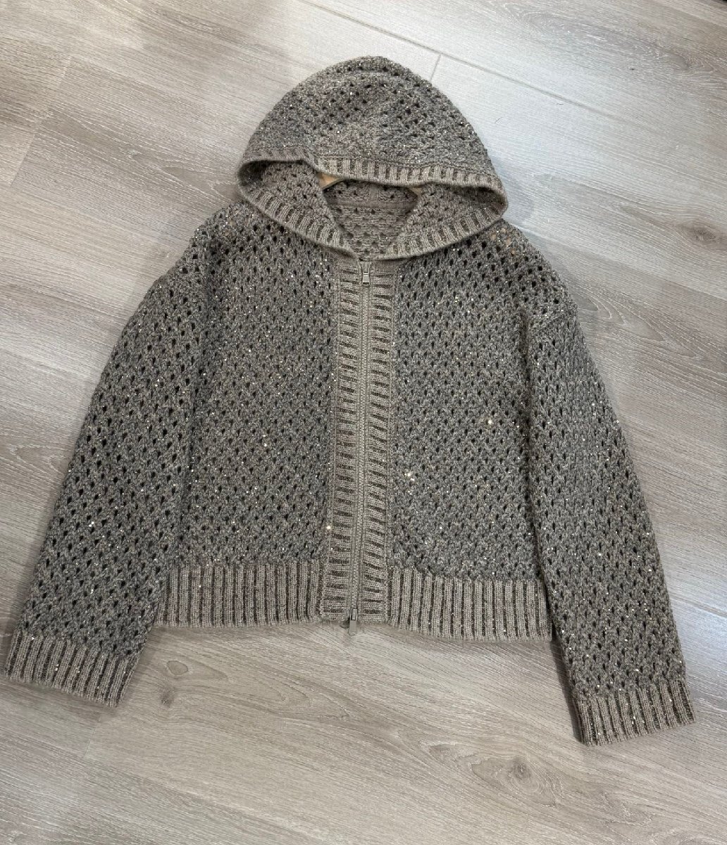 チャコールM★送料無料【新品】★ブルネロクチネリレディース フード付き メッシュ編み ラメ入り ジップアップ ニットカーディガン, 透かし拍卖