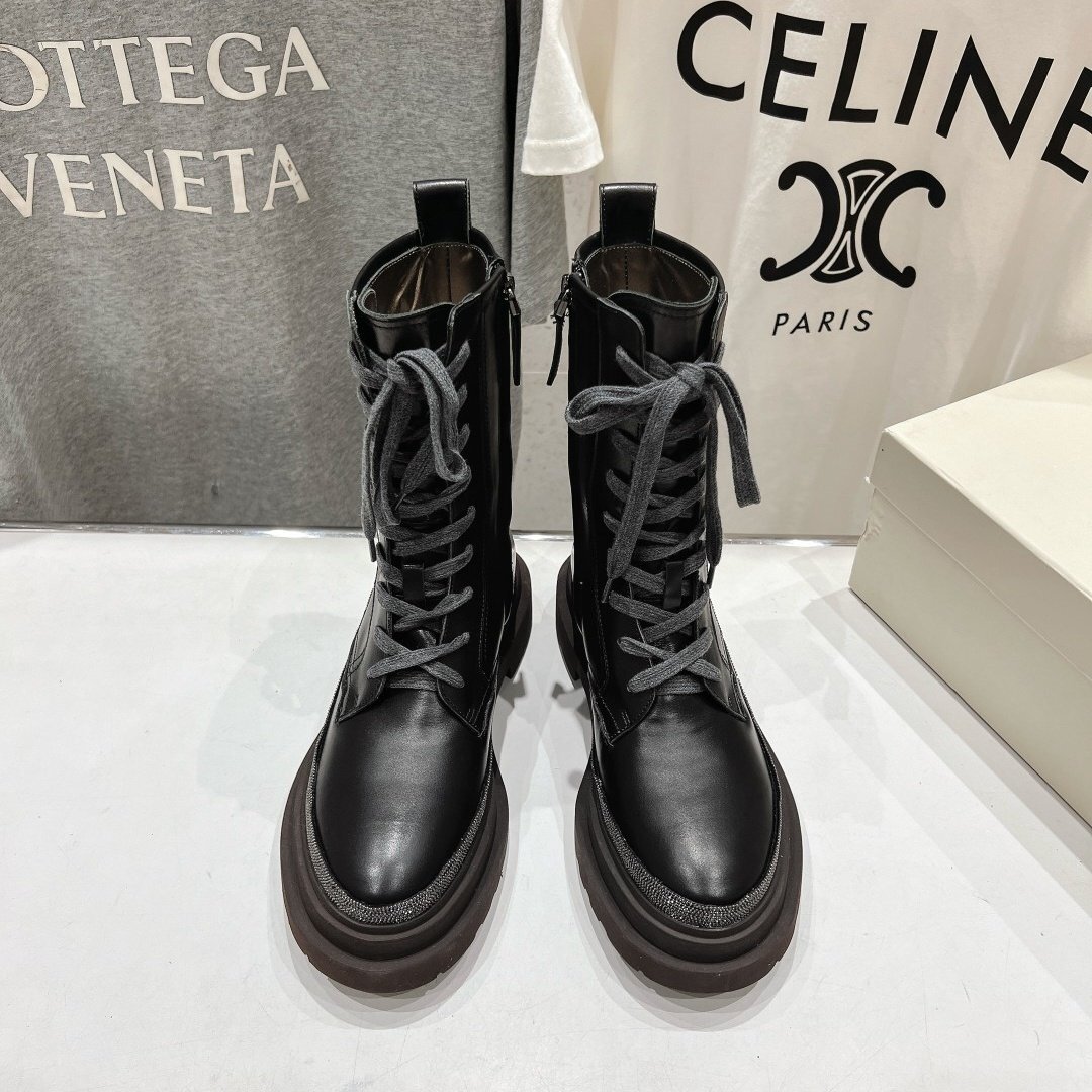 ブラック24.5cm★送料無料★ブルネロクチネリ★レディース レザーコンバットブーツ, ラバーソール, 防滑耐磨,ミッドカーフ丈拍卖