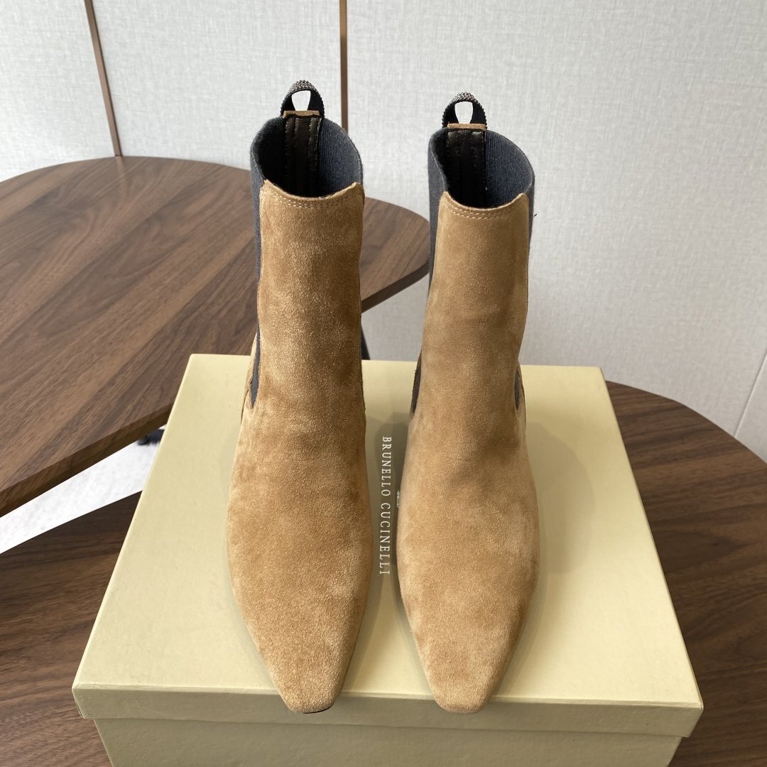 ブラウン23.5cm★送料無料★ブルネロクチネリ★レディース ポインテッドトゥ チェルシーブーツ, スエード , キトンヒール, エレガン拍卖