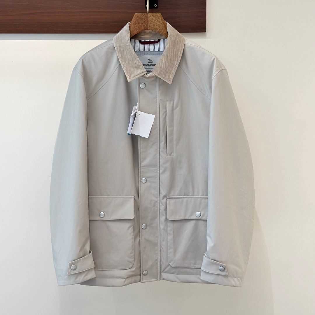 ベージュXXL【送料無料】ブルネロクチネリメンズ ハイテク ジャケット, コーデュロイ襟付き, 防水加工, ストライプ裏地,, マルチポケット拍卖