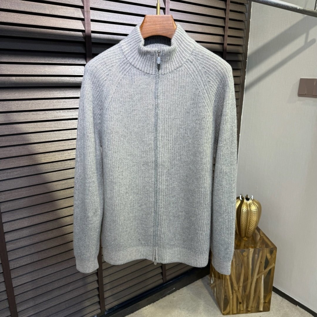 グレーM★送料無料★ブルネロクチネリ★メンズ メリノウール&カシミア混紡ハイネック ジップアップ セーター、リブ編み拍卖