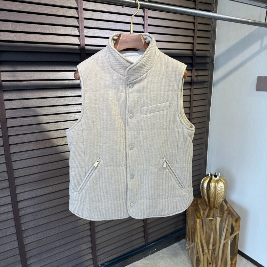 グレーM★送料無料★ブルネロクチネリ★メンズ コーデュロイ ダウンベスト, 秋冬 軽量 スタンドカラー ジッパーポケット付き拍卖