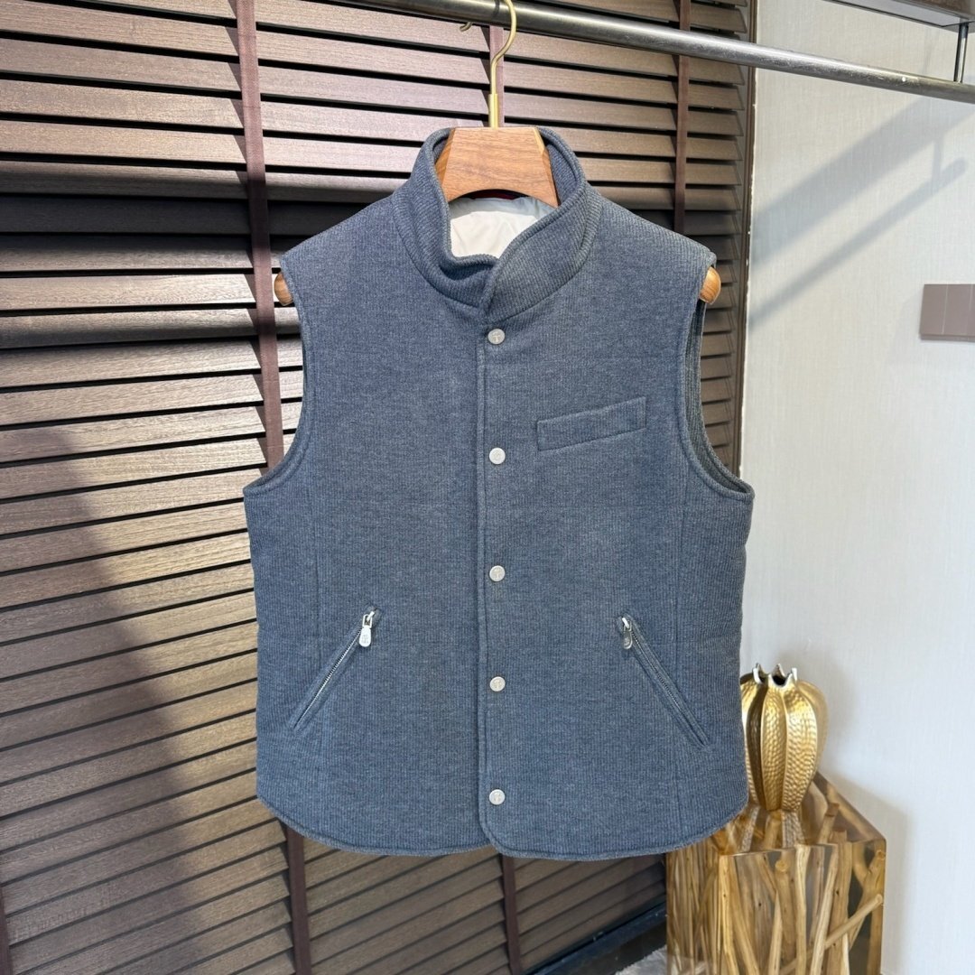 ネイビーM★送料無料★ブルネロクチネリ★メンズ コーデュロイ ダウンベスト, 秋冬 軽量 スタンドカラー ジッパーポケット付き拍卖