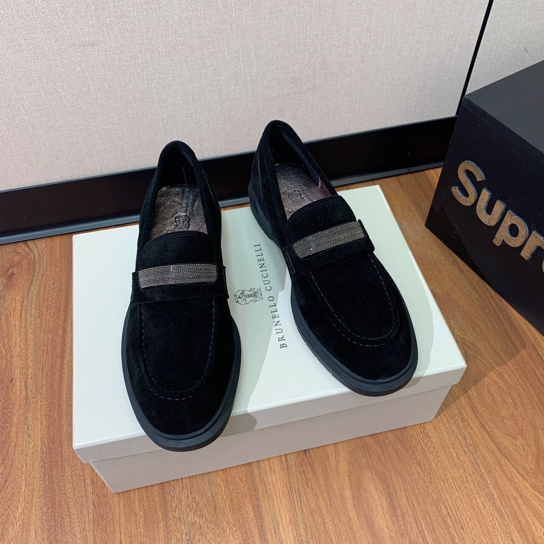 ネイビー22.5cm★送料無料【新品】★ブルネロクチネリ★レディーススエード ローファー, 本革ソール拍卖