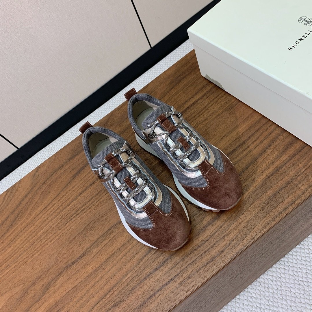 23.0cm【新品】ブルネロクチネリ★ レディース スニーカー、スエードレザー、メタリックアクセント、レースアップ、パール装飾拍卖