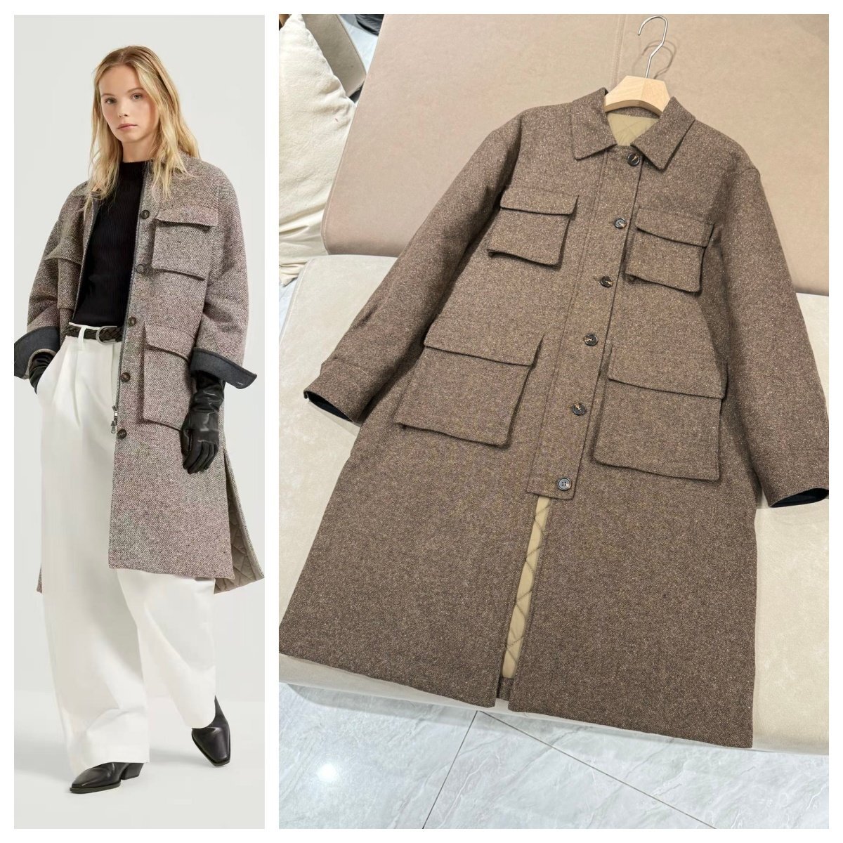 ブラウンL★送料無料★ブルネロクチネリ★レディース ウール混紡 ロングコート, キルティング裏地付き, マルチポケット拍卖