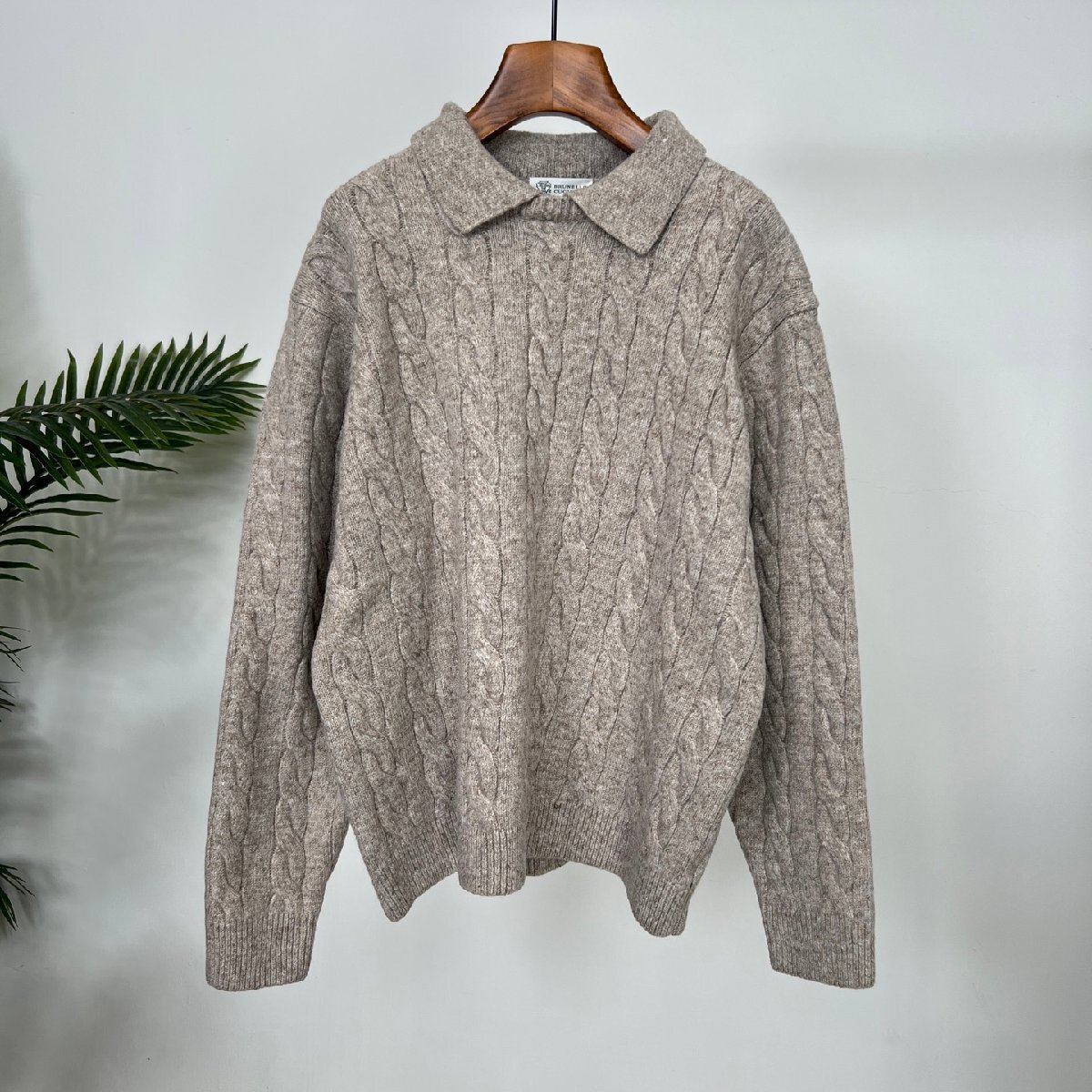 オートミールXXL【送料無料】★ブルネロクチネリBRUNELLO CUCINELLI ★メンズケーブルニット セーター, クラシック翻襟デザイン, 秋冬メン拍卖