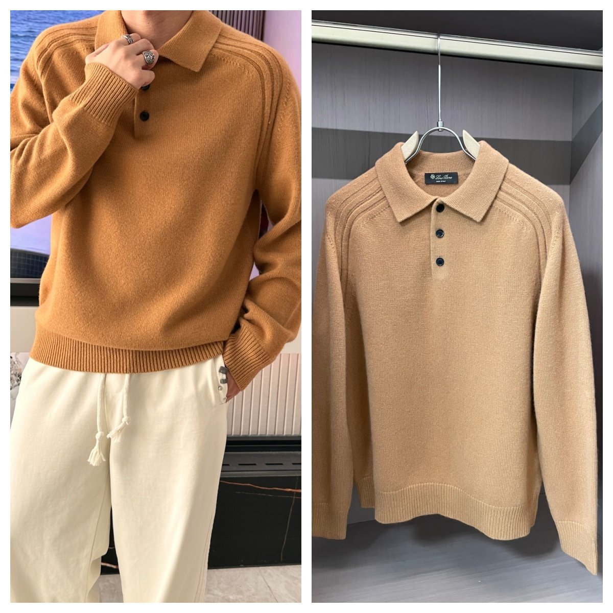 キャメルM【送料無料】Loro Pianaロロピアーナメンズ ウール ポロニットセーター、クラシックデザイン、秋冬拍卖