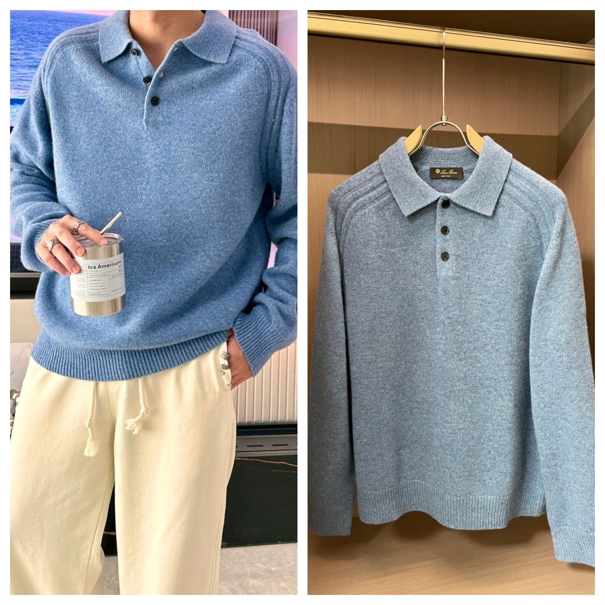 ライトブルーM【送料無料】Loro Pianaロロピアーナメンズ ウール ポロニットセーター、クラシックデザイン、秋冬拍卖