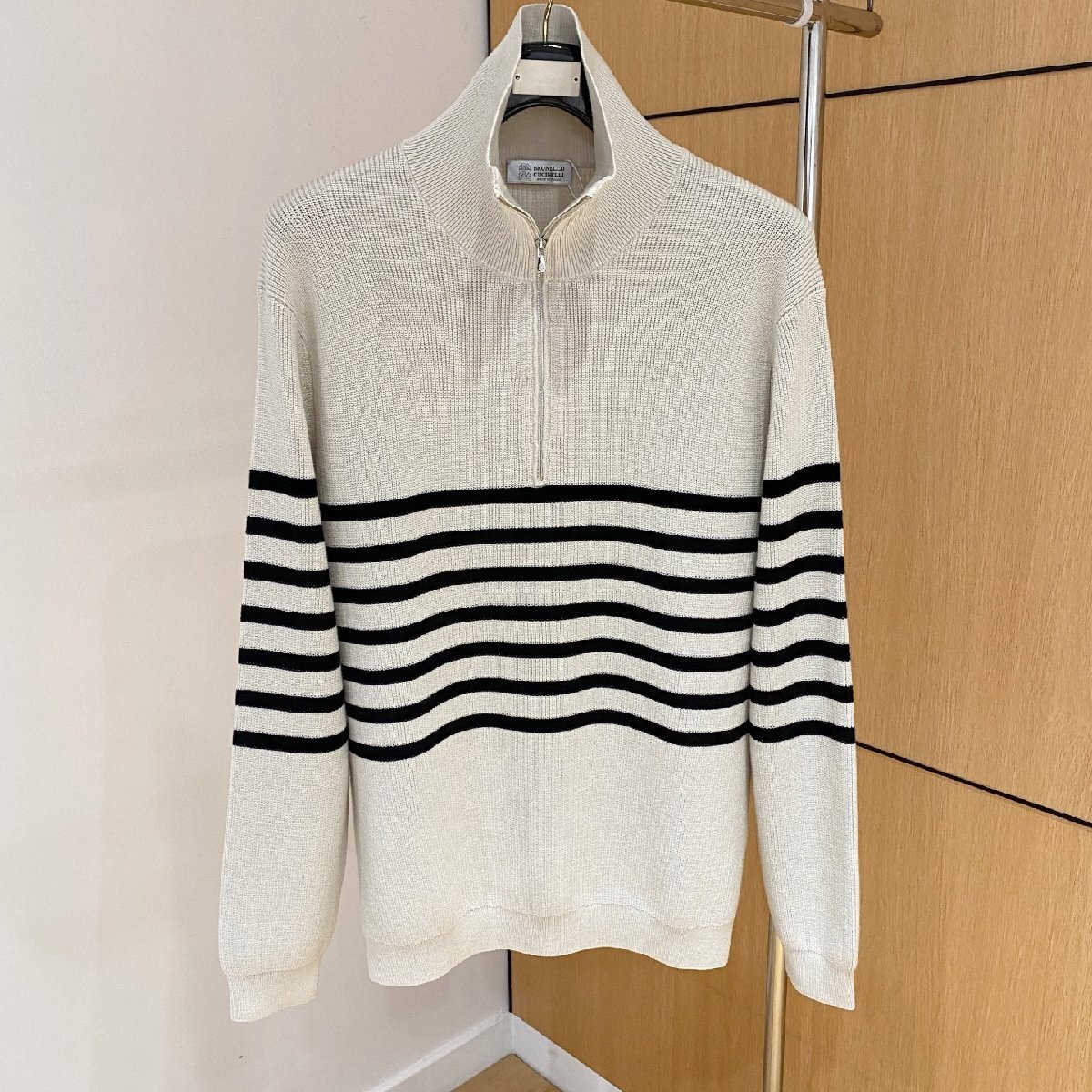 ベージュXXL★送料無料★ブルネロクチネリ★メンズ ハーフジップ ニットセーター, ストライプ, スタンドカラー, カジュアル ビジネス拍卖
