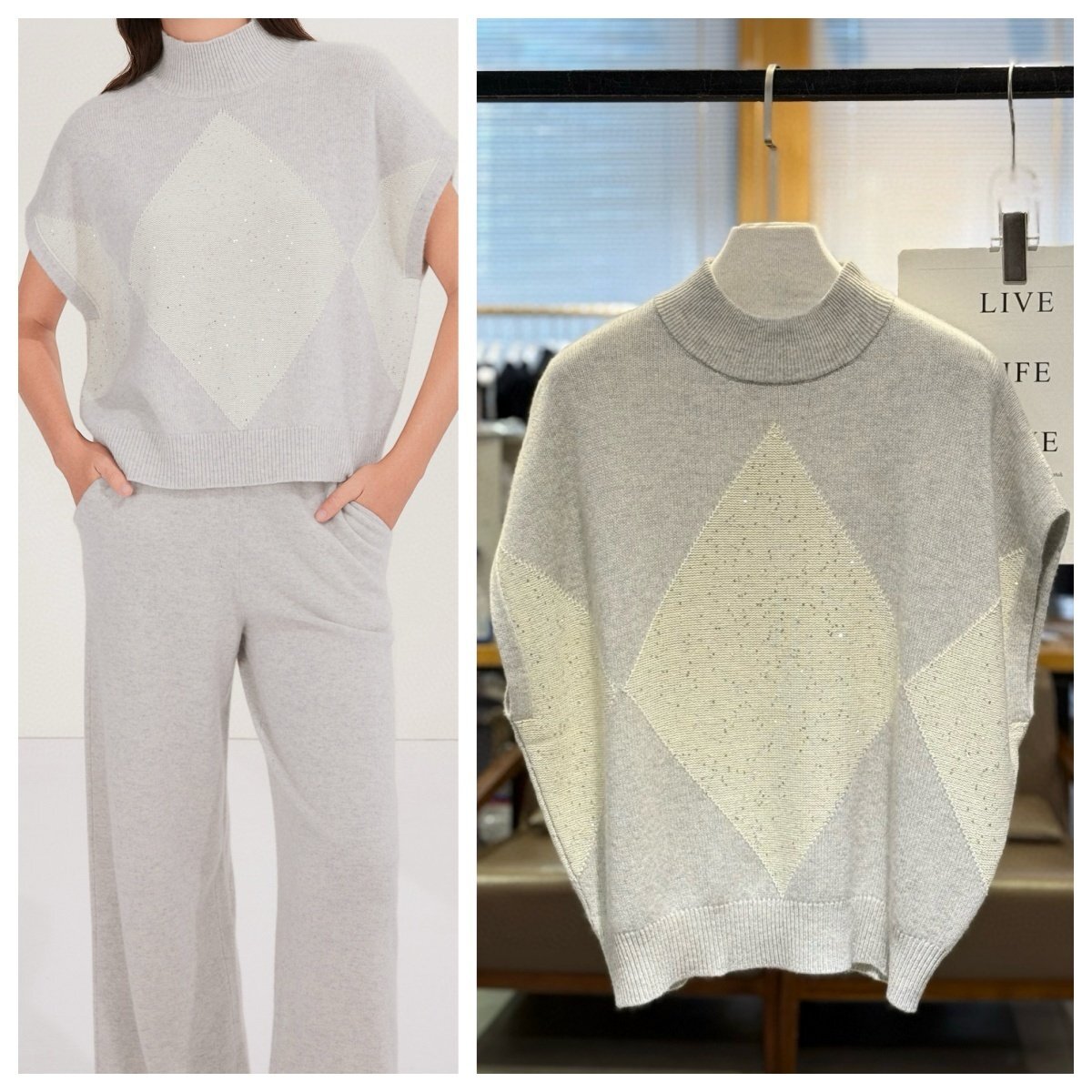 ライトグレーS★【新品】★ブルネロクチネリ★レディース★モックネック セーターベスト, 100%カシミア, キラキラスパンコール付き拍卖