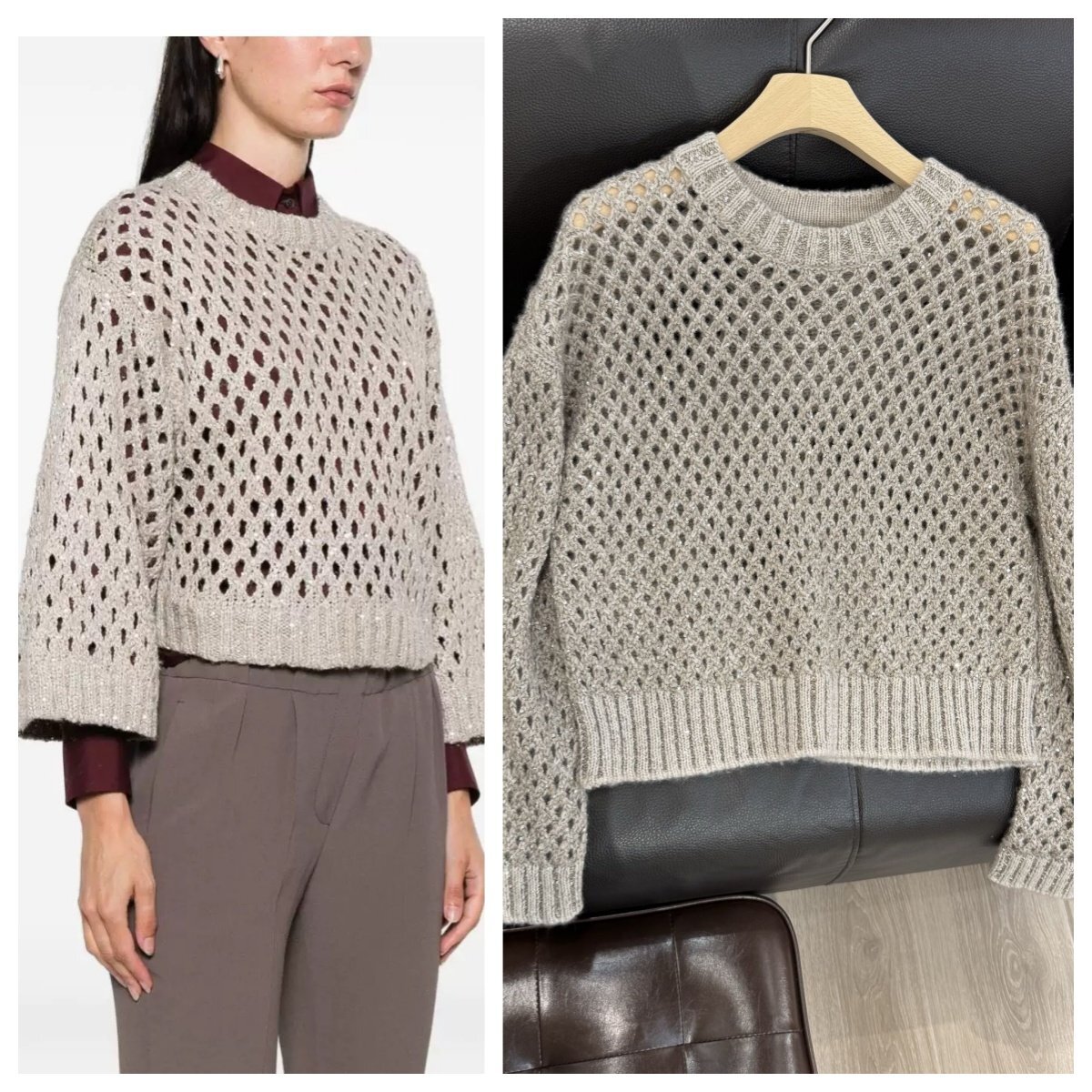 グレーM★送料無料【新品】★ブルネロクチネリレディースラメ入り メッシュ編み セーター, クルーネック ニット, 長袖 ゆったりシルエット拍卖