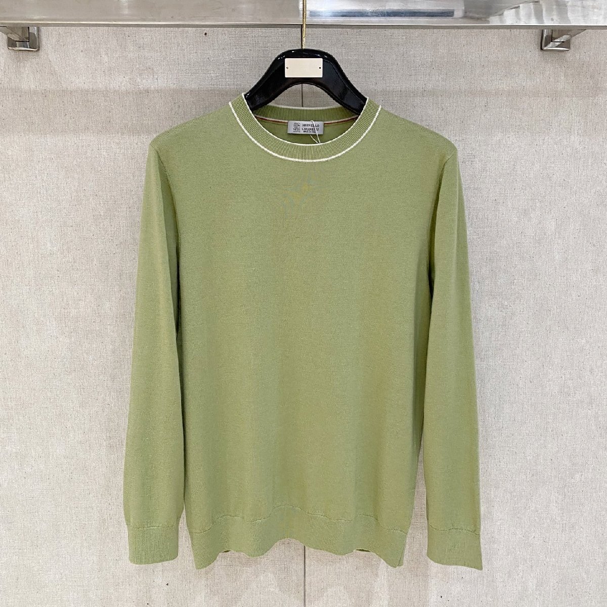 グリーンピースM★送料無料★ブルネロクチネリ★メンズカシミヤ混クルーネック セーター,ホワイトライン,ビジネスカジュアル,長袖拍卖