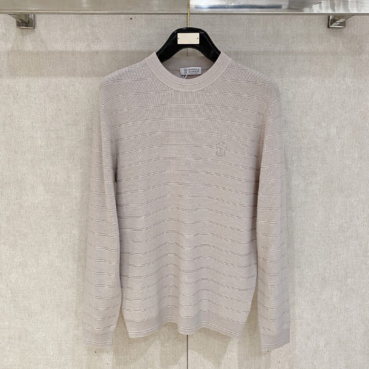 グレーL★送料無料★ブルネロクチネリ★メンズ リブニット セーター,ウール混, クルーネック, ストライプパターン, カジュアル拍卖