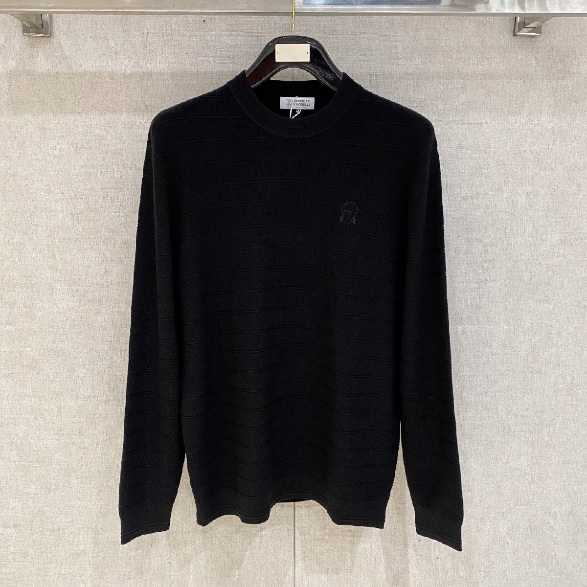 ブラックL★送料無料★ブルネロクチネリ★メンズ リブニット セーター,ウール混, クルーネック, ストライプパターン, カジュアル拍卖