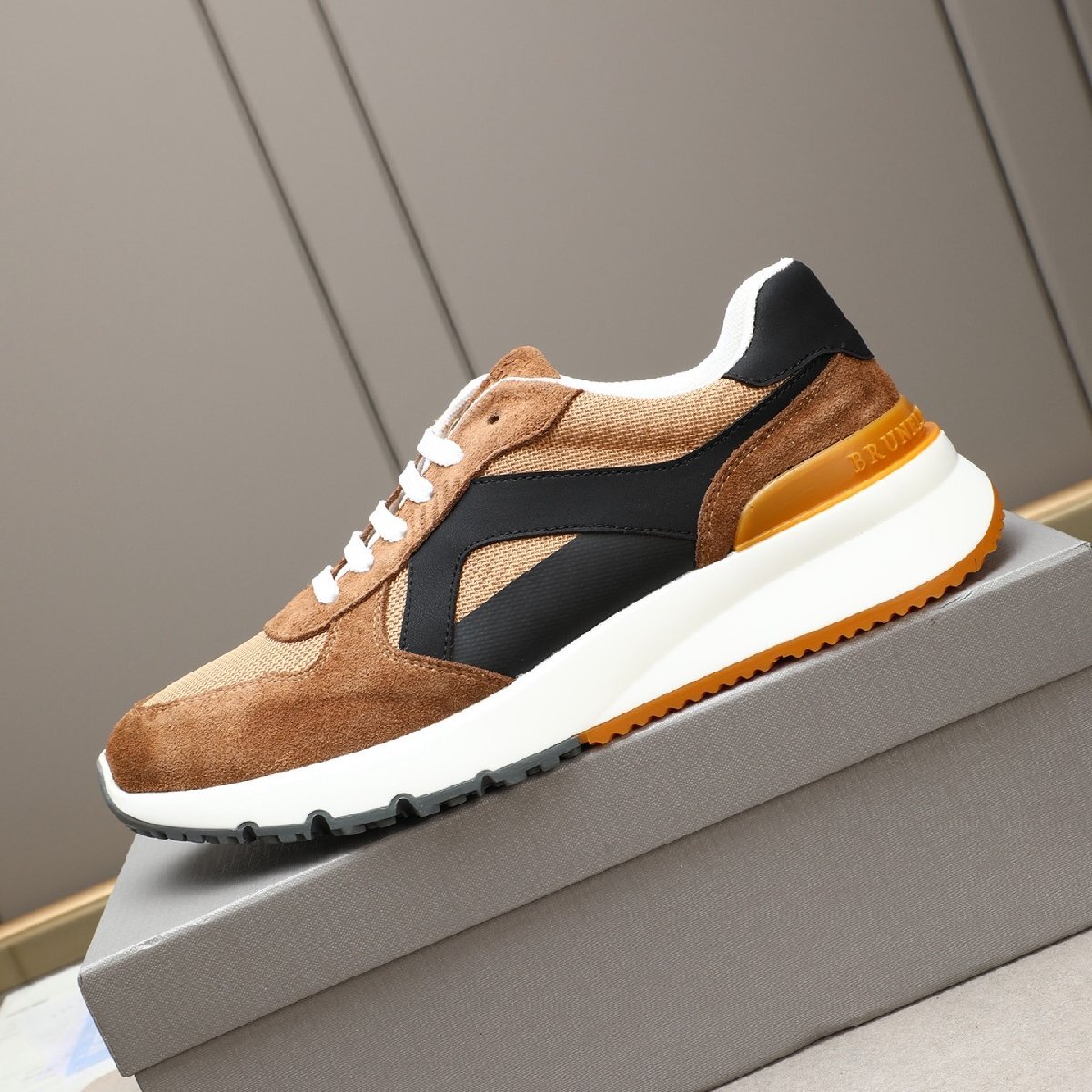 ライトブラウン26.5cm ★送料無料★ブルネロクチネ★メンズ スニーカー, カーフレザー, メッシュ素材, スポーツカジュアル, ラグジュア拍卖