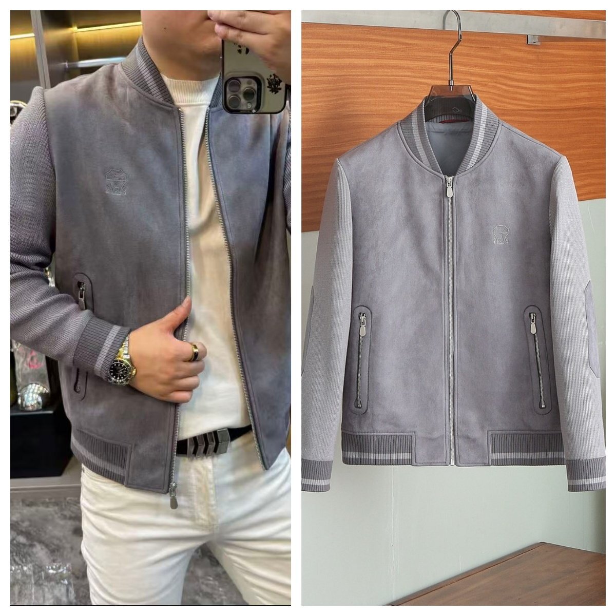 グレーM★送料無料★ブルネロクチネリ★メンズ スエード ボンバージャケット, スポーツカジュアル,リブ編み切り替え, ジッパー付き拍卖