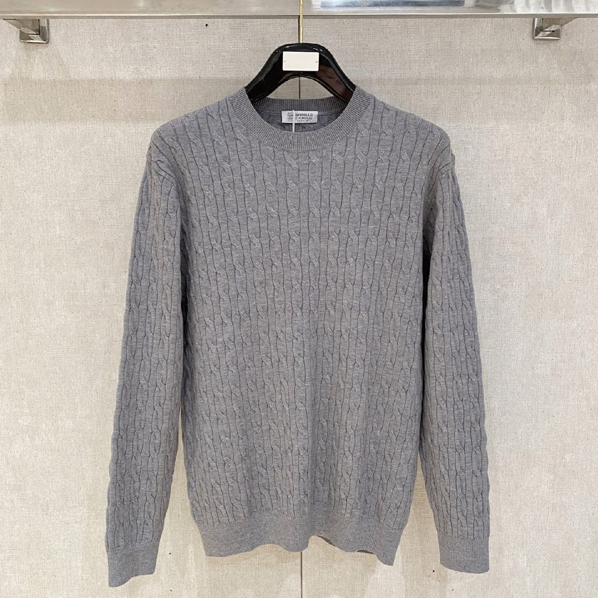 グレーXXL★送料無料★ブルネロクチネリ★メンズ クラシック ケーブルニット セーター, 長袖, カジュアル, 秋冬用, クルーネック, 保温性拍卖