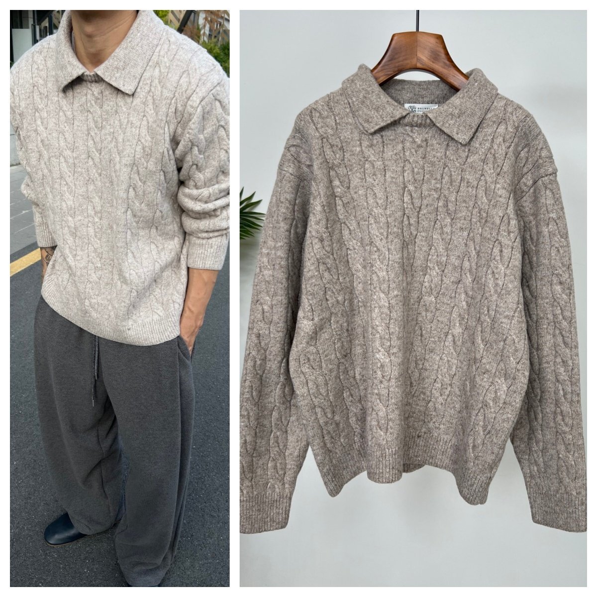 オートミールM【送料無料】★ブルネロクチネリ ★メンズケーブルニット セーター, クラシック翻襟デザイン, 秋冬メンズ拍卖