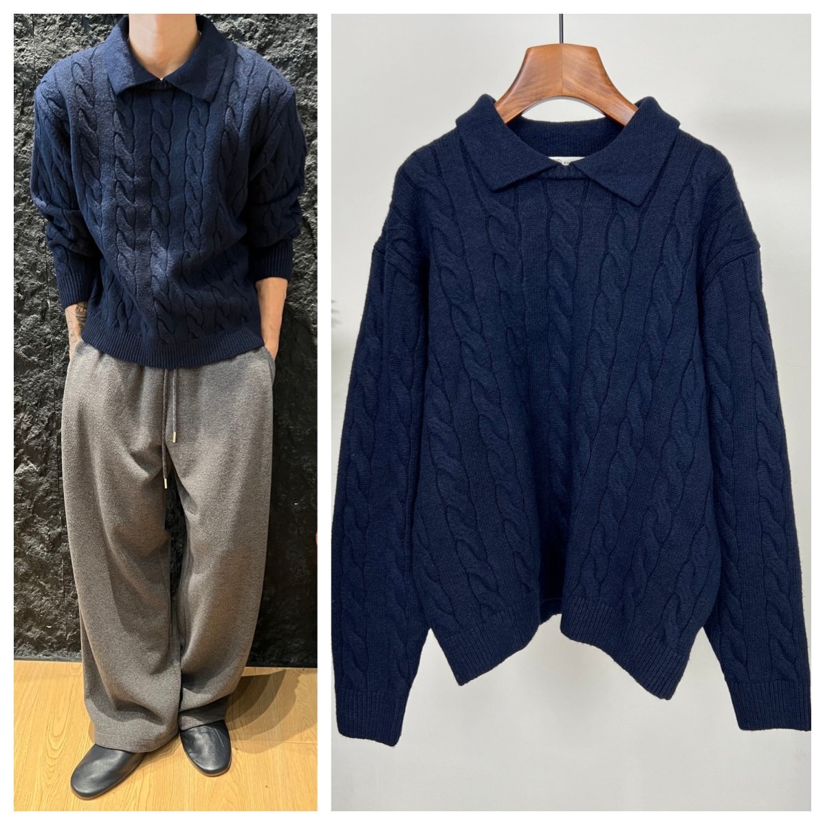 ネイビー2XL【送料無料】★ブルネロクチネリ BRUNELLO CUCINELLI★メンズケーブルニット セーター, クラシック翻襟デザイン, 秋冬メンズ拍卖