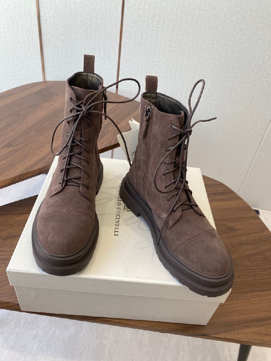カフェ24.0cm★送料無料★ブルネロクチネリBRUNELLO CUCINELLI★レディース スエード レースアップ コンバットブーツ, ラグソール拍卖