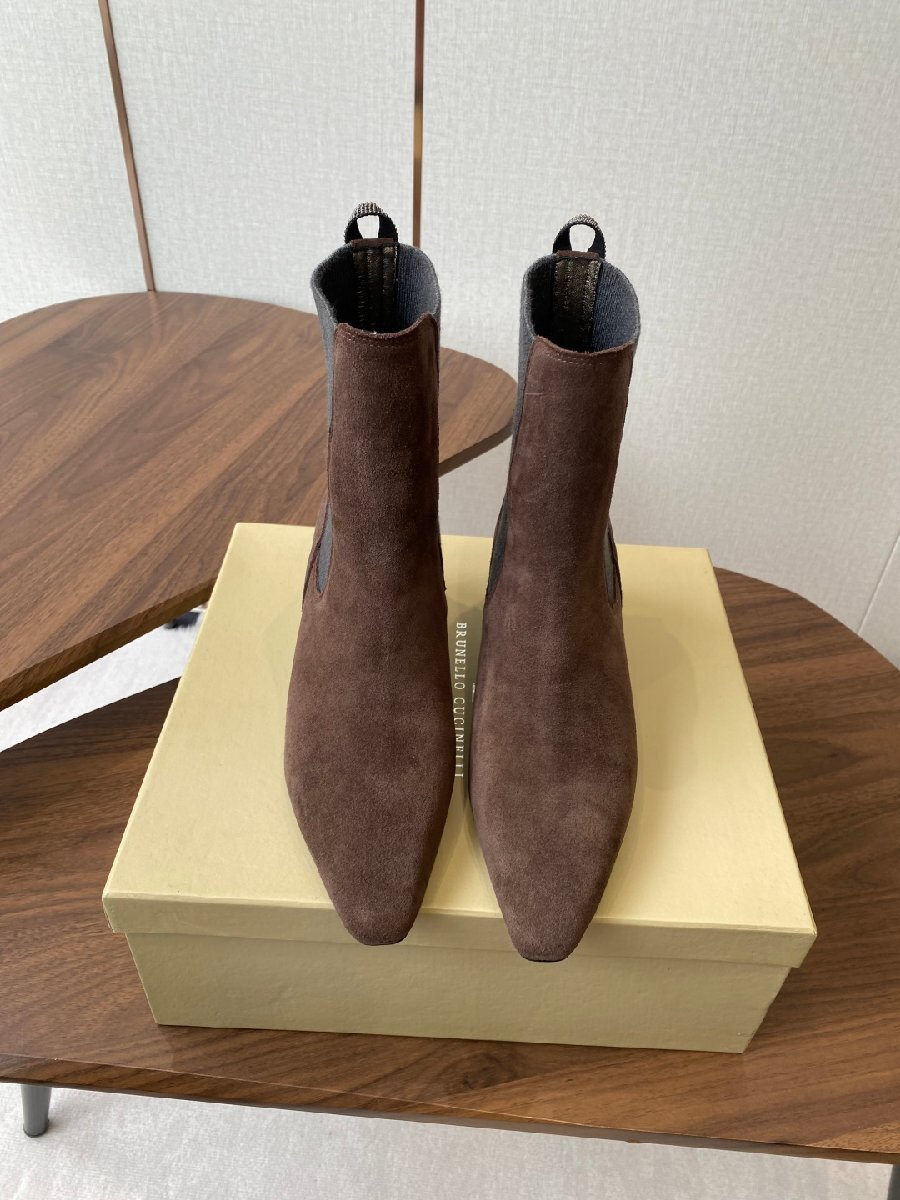 ダークブラウン24.0cm★送料無料★ブルネロクチネリ★レディース ポインテッドトゥ チェルシーブーツ, スエード , キトンヒール, エレガン拍卖
