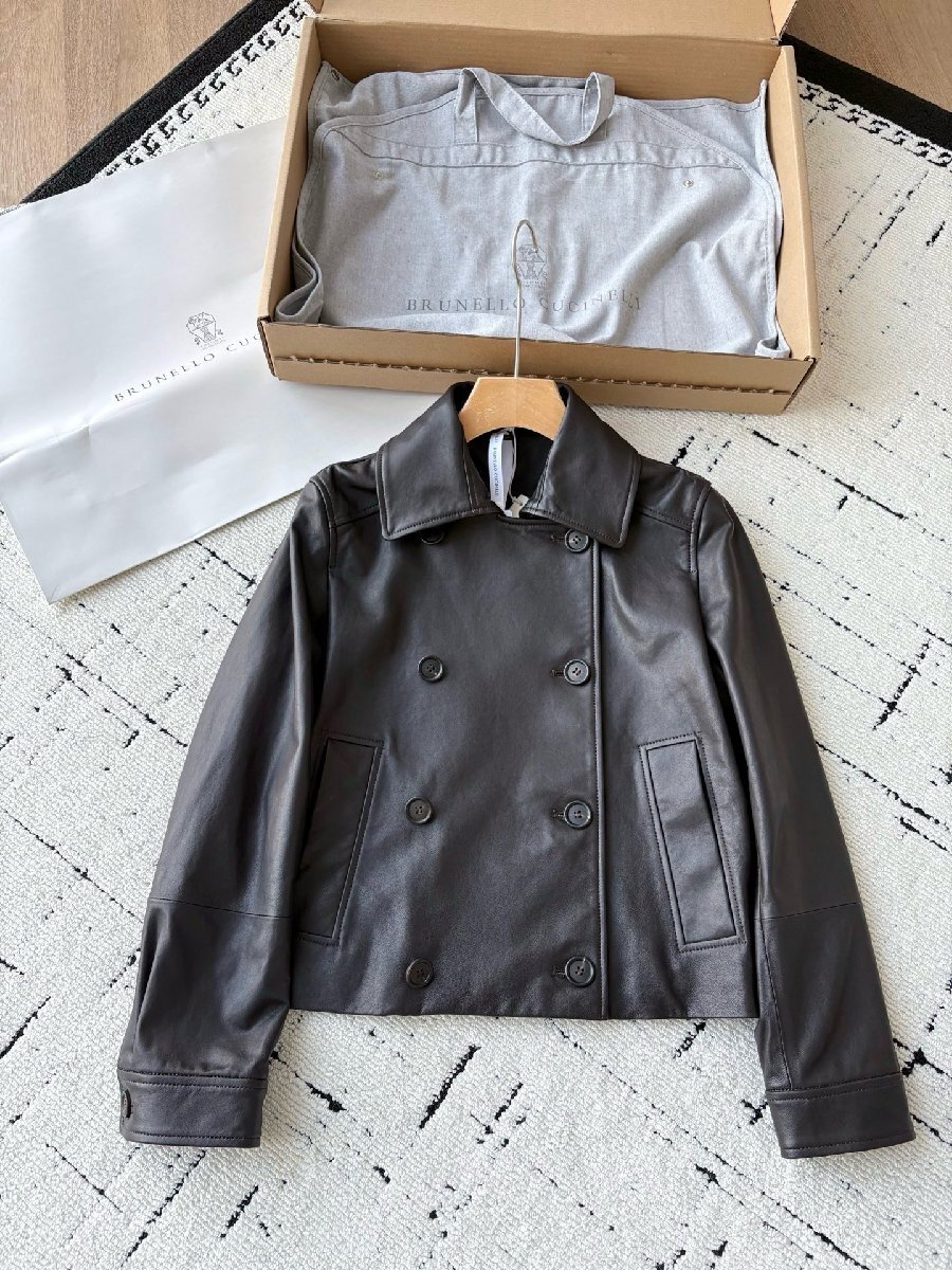 ブラックL ★送料無料★ブルネロクチネリレディースレザーショートジャケット, ダブルブレスト, ラムスキン, 高級仕上げ拍卖