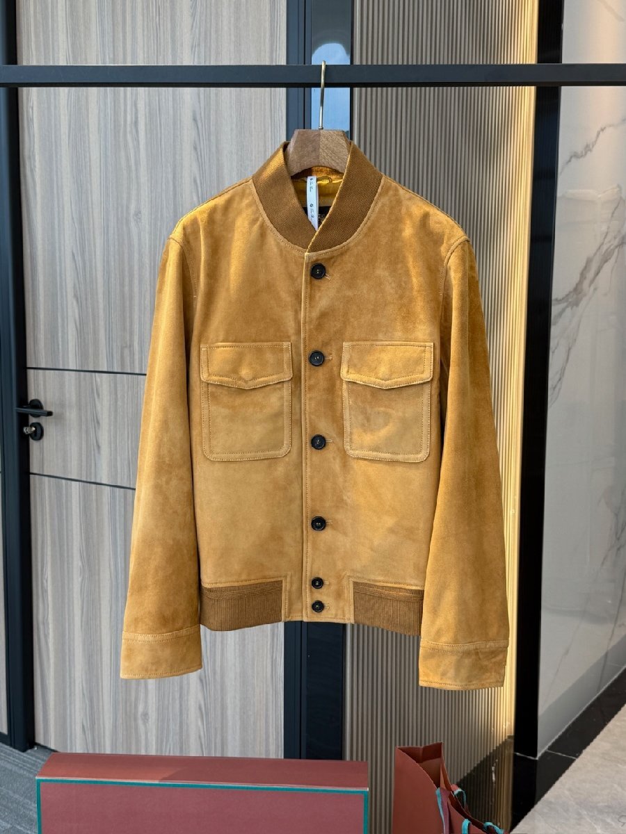 オレンジXXL★送料無料★ロロピアーナ Loro Pianメンズスエードレザージャケット, ボンバースタイル, フロントポケット付き, S~3XL選択可拍卖