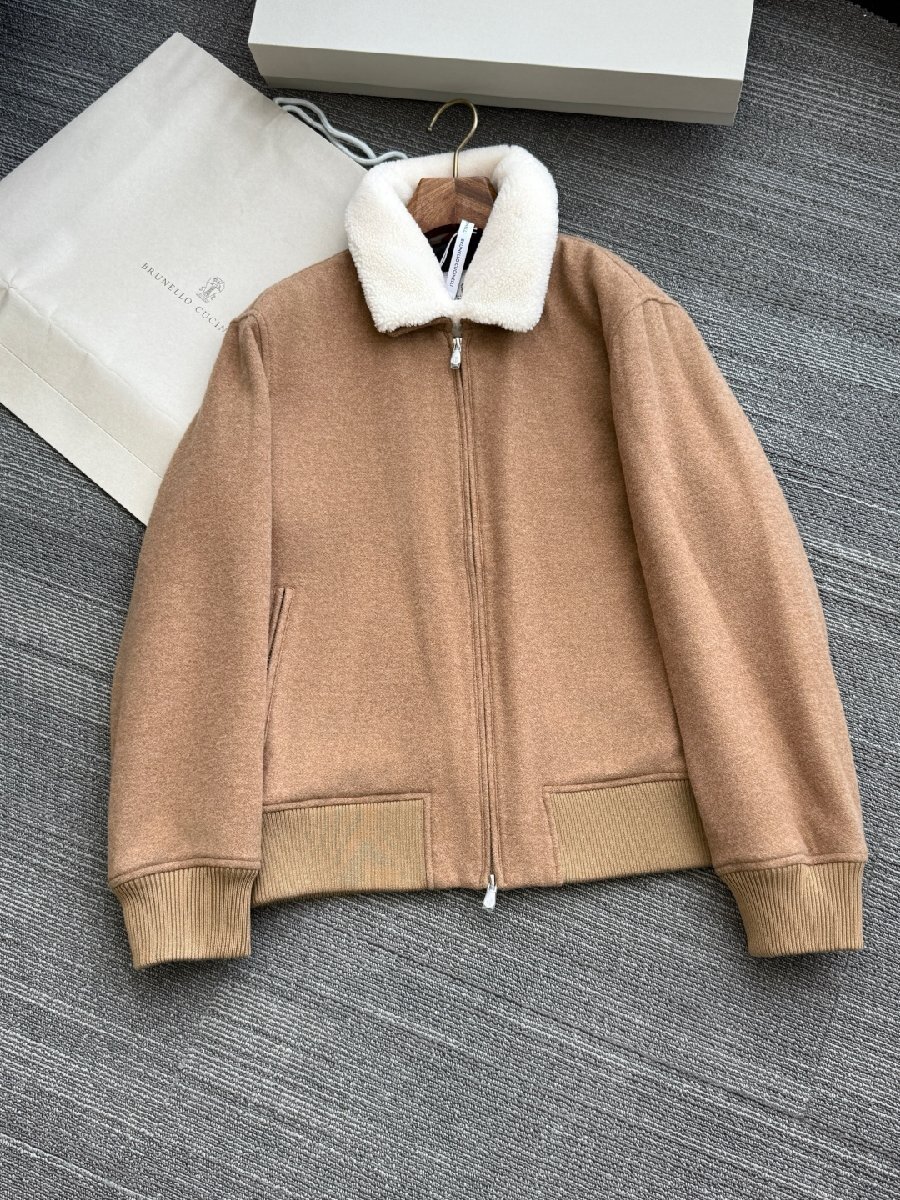 キャメル54★送料無料★ブルネロクチネリメンズシアリングカラー ウールジャケット, ジップアップ, フリース裏地付き拍卖